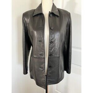 Petite Sophisticate Genuine Leather Jacket Button Front Black Small Petite EUC